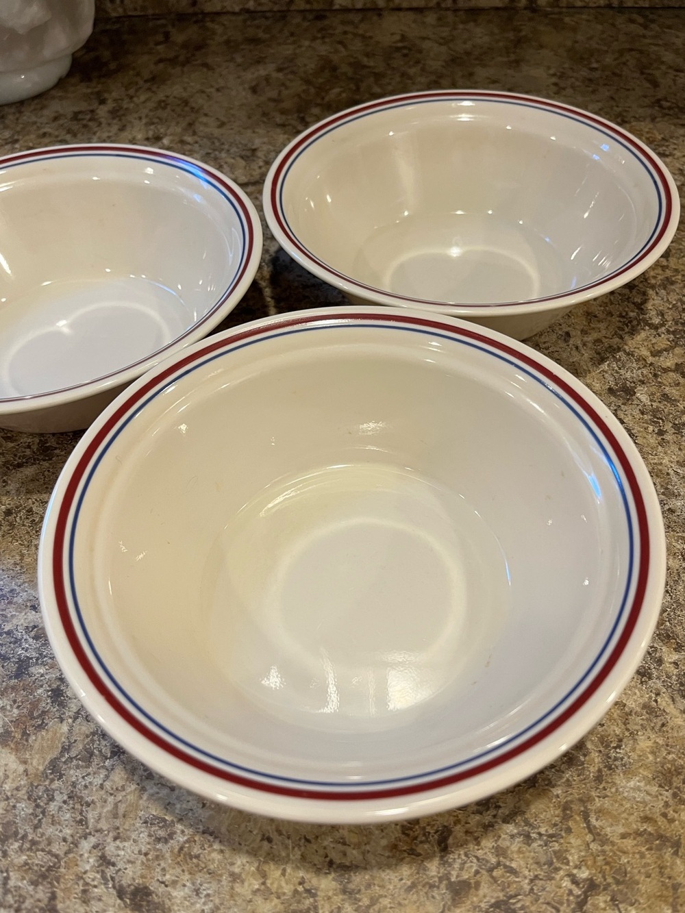 Vintage Corelle by Corning Cream  Serving Bowls with Red and Blue Rim Set of 3